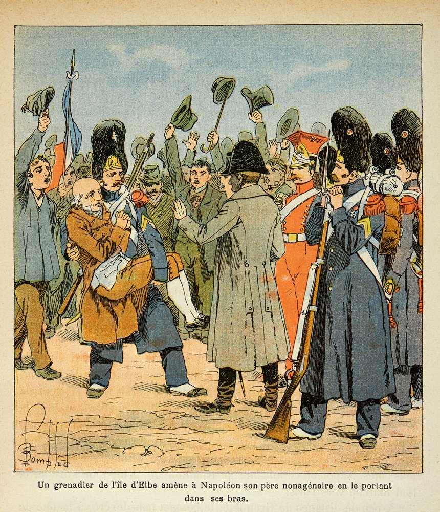Illustration av Bombled Louis (1862-1927) från boken "The Memorial of Saint Helene" av greve Emmanuel de Las Cases (1766-1842): En grenadjär tar med sin far till Napoleon genom att bära honom i famnen när han återvänder från ön Elba , menig överste av Louis Charles Bombled