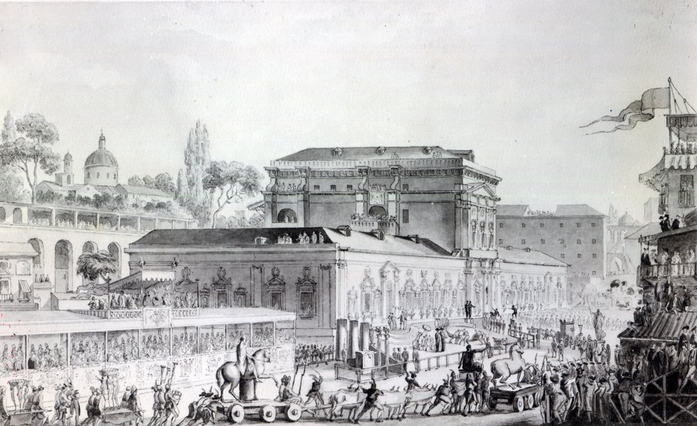 Fornsaker som hittades vid Herculaneum transporteras till Neapelmuseet, ca 1782 (penna, bläck och akvarell på papper) av Louis-Jean Desprez