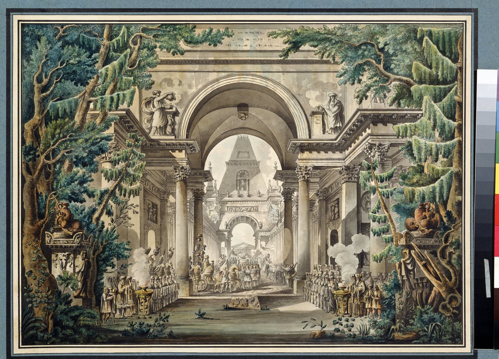 ""La procession au temple"" (Procession i ett tempel) Scenografi för en pjäs. Akvarell av Louis Jean Desprez (1743-1804) Pushkin-museet, Moskva av Louis-Jean Desprez