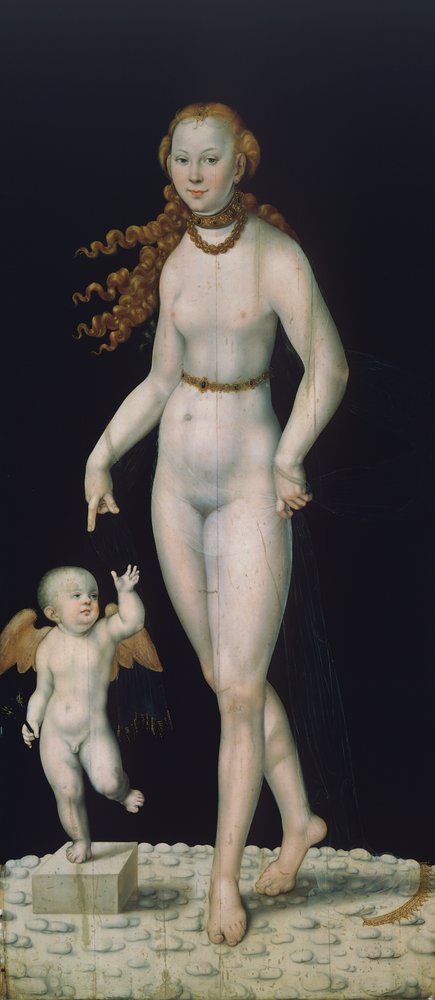 Venus och Amor, målade på panel av Lucas the Younger Cranach