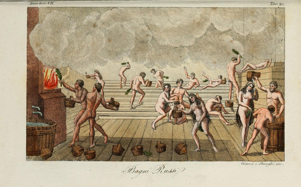 ryskt bad. Illustration från antik och modern kostym eller regeringshistoria... av Giulio Ferrario, 1831 av Luigi Giarrè