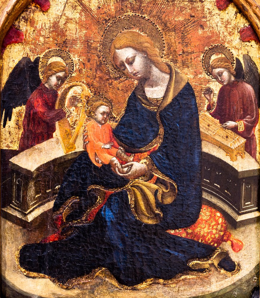 Jungfru av ödmjukhet mellan två musicerande änglar, detalj av Maestro del Polittico di Santa Maria di Siracusa