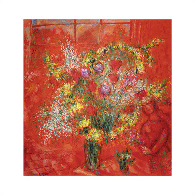 Blommor på röd bakgrund av Marc Chagall