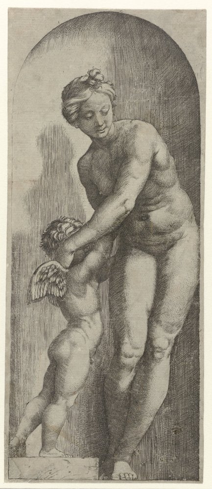 Venus och Amor står i nisch av Marcantonio Raimondi