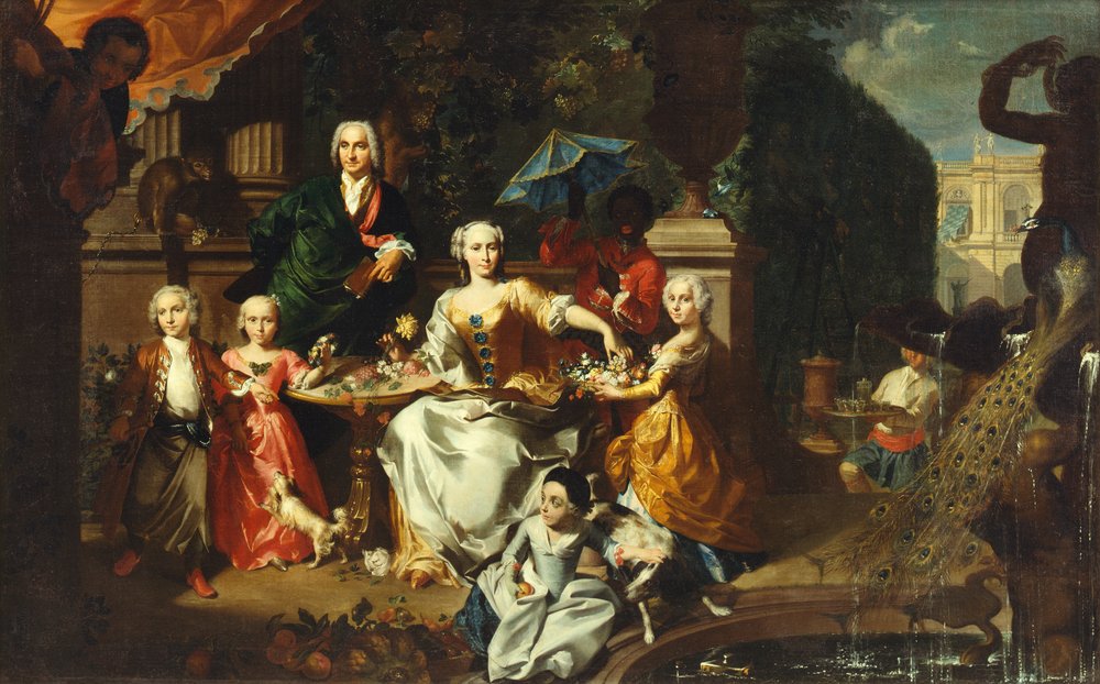 En familjegrupp på en terrass på tomten till en villa. Möjligen den engelske affärsmannen George Jackson och hans familj av Marcus Tuscher