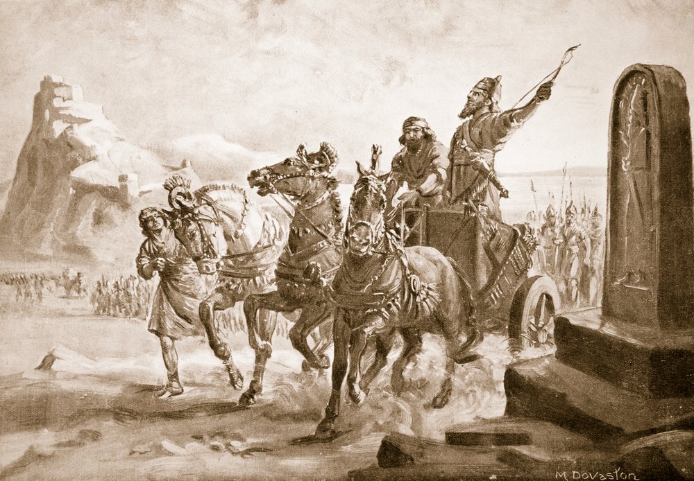 Tiglath-Pileser IV framför citadellet i Turushpa, illustration från "Hutchinson