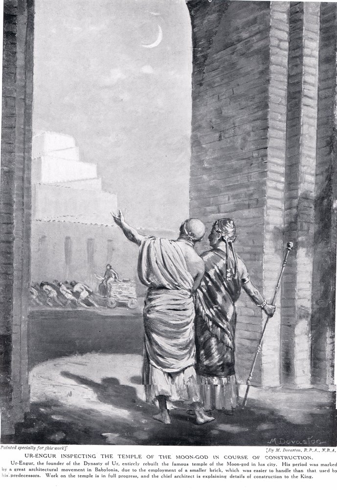 Ur-Engur inspekterar mån- och gudatemplet under byggnation, illustration från "Hutchinson