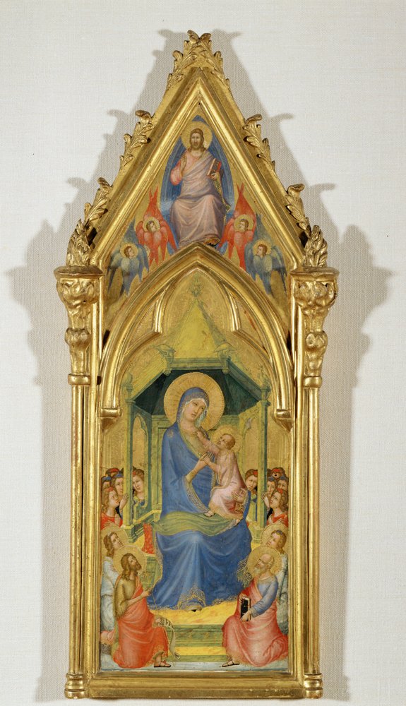 Madonna på tron mellan två änglar, Johannes Döparen och Petrus (målning på trä) av Master of the Codex of Saint George