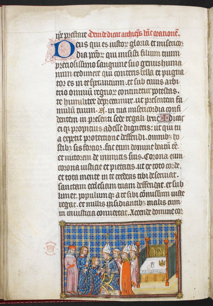 Cotton Tiberius B. VIII f.55v Kungen tar emot smörjelsen av händerna, ur ”Kröningsboken för Karl V, kung av Frankrike” av Master of the Coronation Book of Charles V