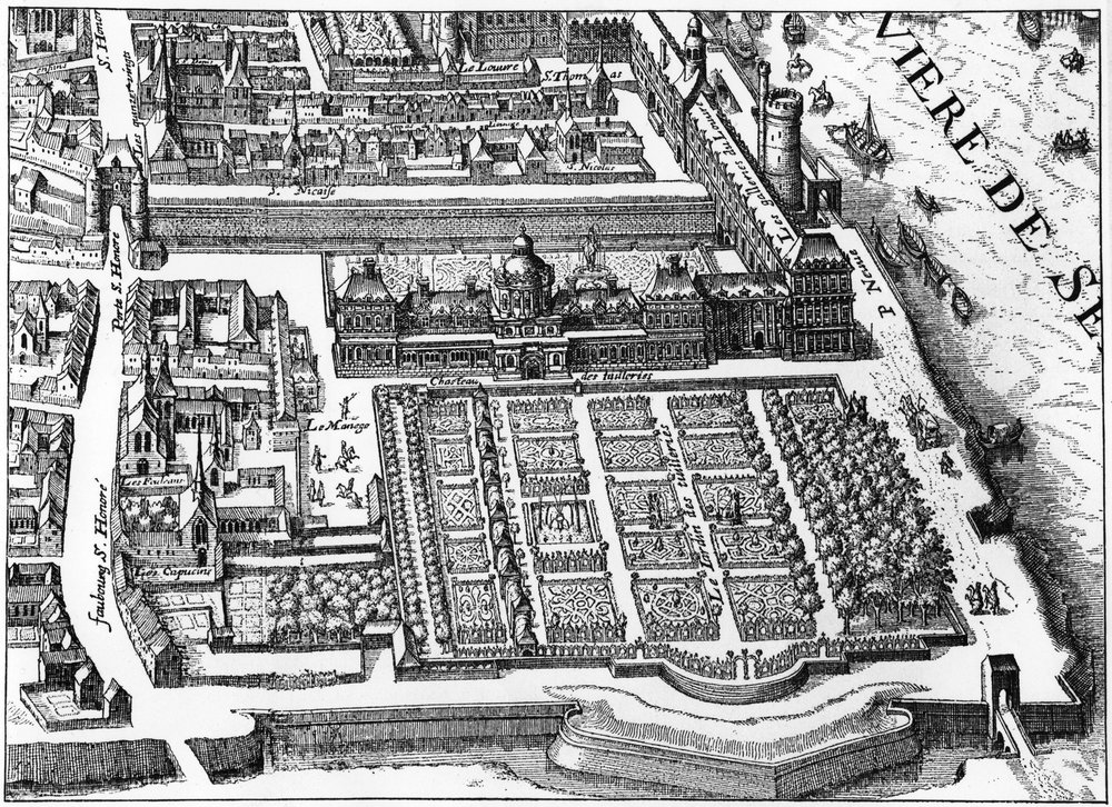 Paris: Tuileriernas palats och trädgård 1615, faksimil av Mathieu Merians plan. av Matthaus the Elder (after) Merian