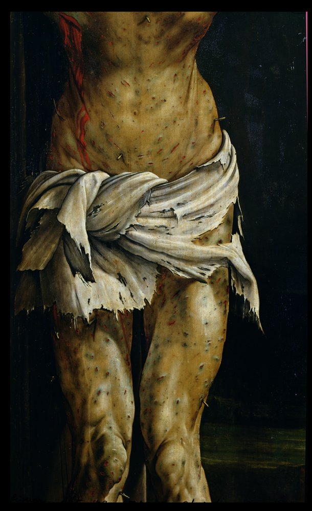 Korsfästelsen från Isenheimaltaret, detalj av Kristi kropp, omkring 1512-16 av Matthias Grünewald