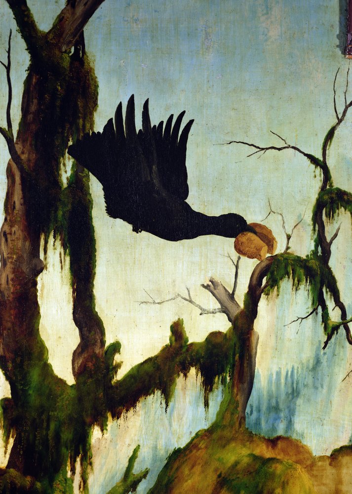Sankt Antonius besök hos eremitens Paulus från Isenheims altartavla. Detalj av en kråka som bär en bit bröd, c.1512-16 olja på panel av Matthias Grünewald