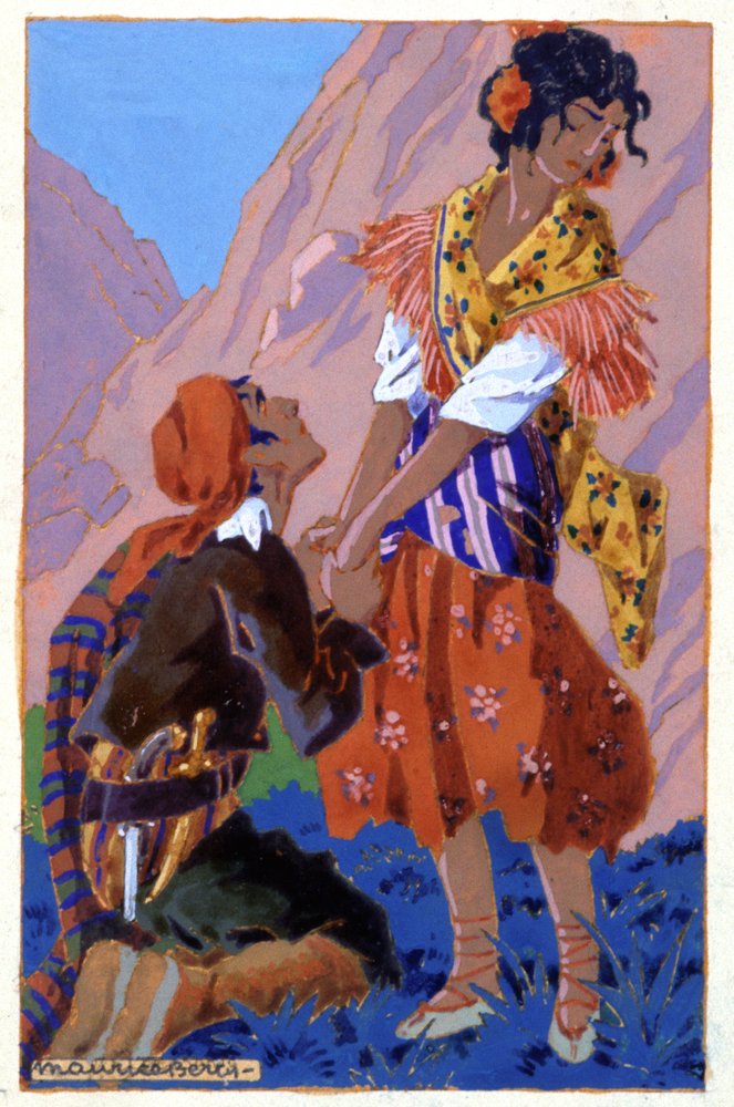 Möte mellan Don Jose och Carmen, ca. 1930 (illustration) av Maurice Berty