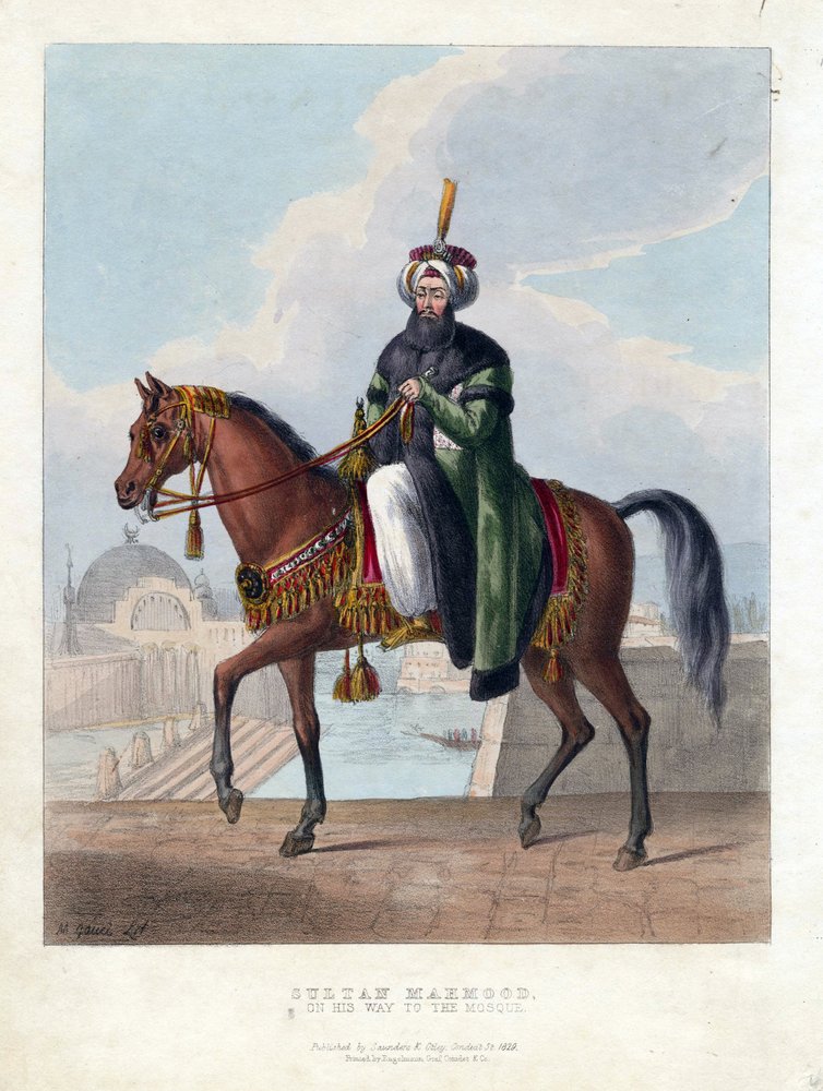 Porträtt av Mahmud II (1785-1839) (Mahmoud II), Sultan av det osmanska riket - Oeuvre de M. Gauci (aktivt 1800-tal) - 1829 - Färglitografi - 26x20 - Privat samling av Maxim Gauci