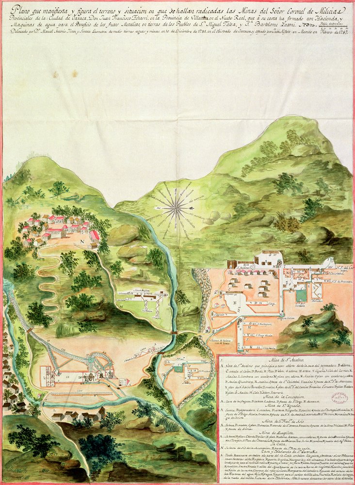Plan of the Mines of Oaxaca, Mexico, 1785-87 (penna och bläck och wc på papper) av Mexican School