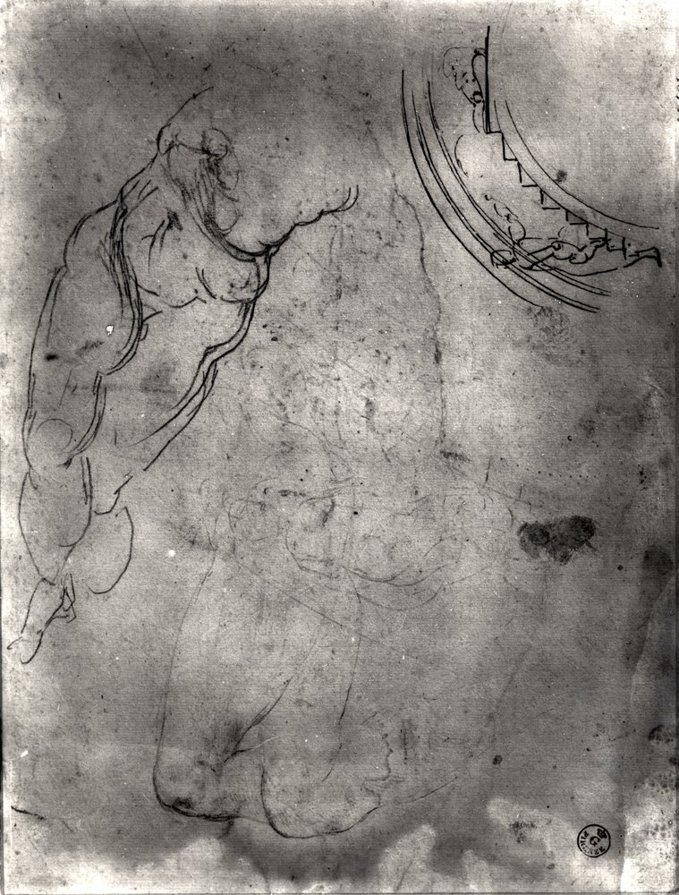 Studie av en manlig naken (penna & bläck och penna på papper) av Michelangelo Buonarroti