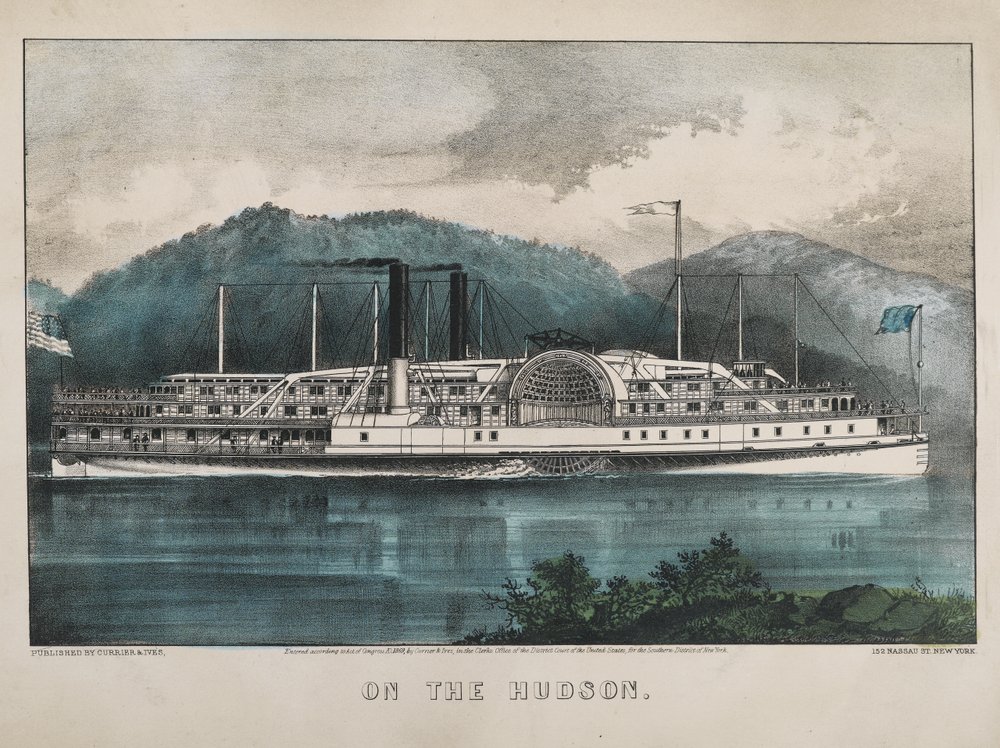 On the Hudson, 1869 (handfärgad litho) av N. and Ives, J.M. Currier