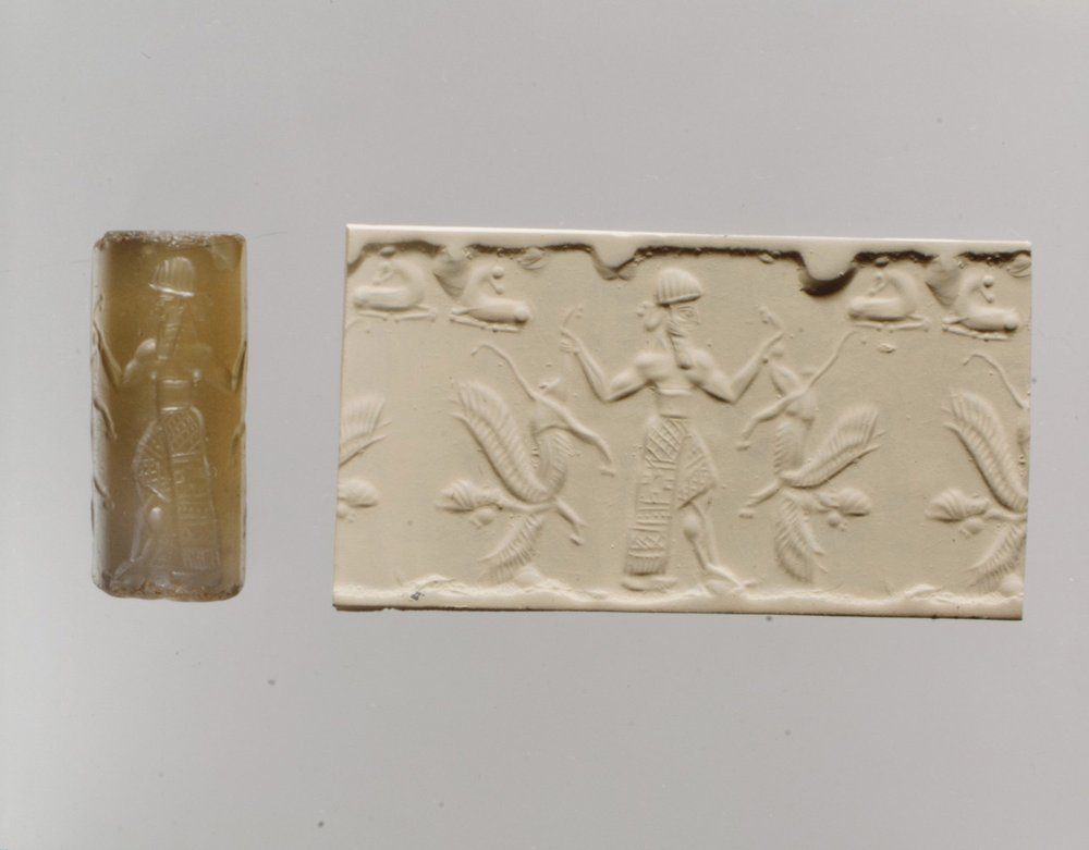 Cylindertätning och modernt intryck: mansfigur som dominerar bevingade lejon med människohuvud, ca. 700-talet f.Kr. (kalcedon) av Neo-Assyrian Neo-Assyrian