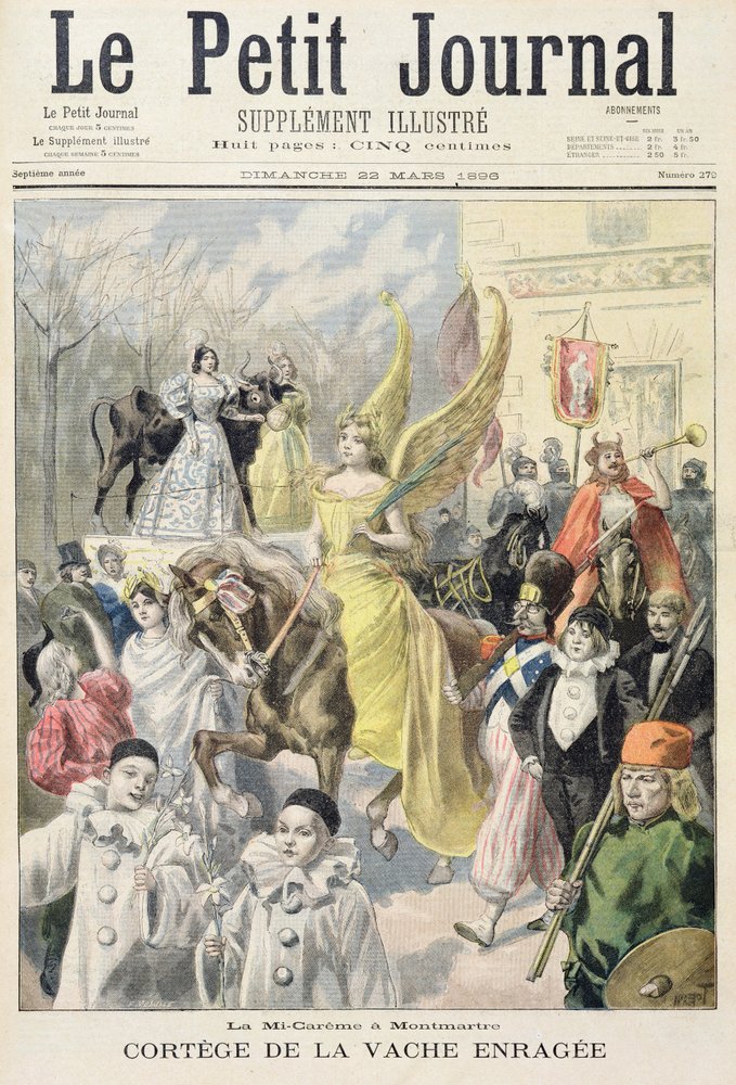 Titelsida som visar processionen av den galna kon, mitten av fastan i Montmartre, illustration från det illustrerade bilaget till Le Petit Journal, 22 mars 1896 av Oswaldo Tofani