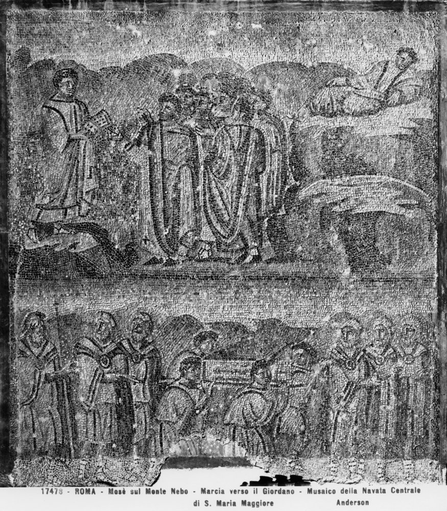 Moses på berget Nebo och transporten av förbundsarken mot Jordan, från mittskeppet (mosaik) av Paleo-Christian