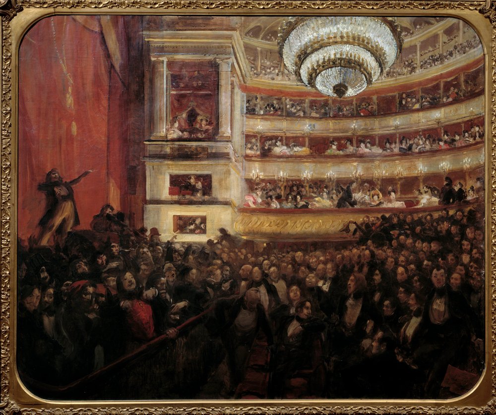 Premiären av Hernani Premiärrepresentation av stycket "" Hernani"" av Victor Hugo (1802-1885) på Comedie Francaise den 25/02/1830. Målning av Paul Albert Besnard (1849-1934) 1800-talets sön. 1,05x1,22 m Paris, hus Victor Hugo av Paul Albert Besnard
