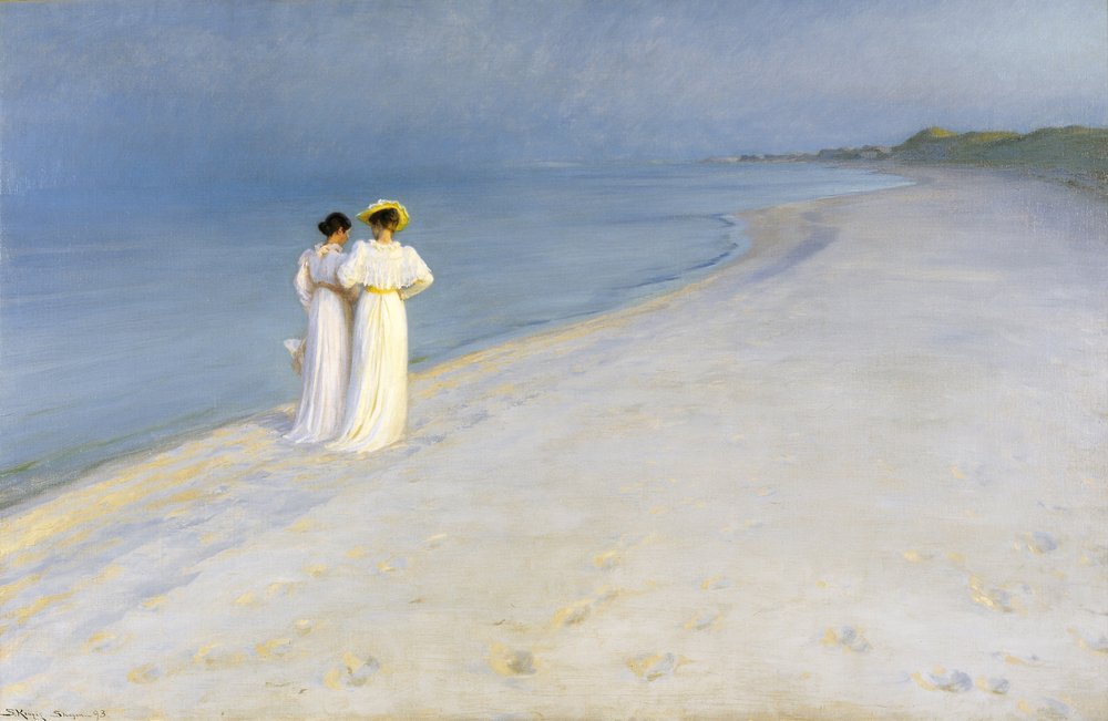 Sommarkväll på Skagens Strand. Anna Ancher och Marie Krøyer går tillsammans av Peder Severin Krøyer