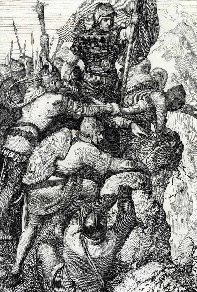 Trupperna från Othon I av Baviere (1117-1183) nära Verona i Italien 1155 (Otto I, hertig av Bayern och hans armé nära Verona, Italien 1155) Fjäderteckning från "Historische Memorabilian des In-und Auslandes"" (Historiska souvenirer) av Anton Ziegler av Peter Johann Nepomuck Geiger