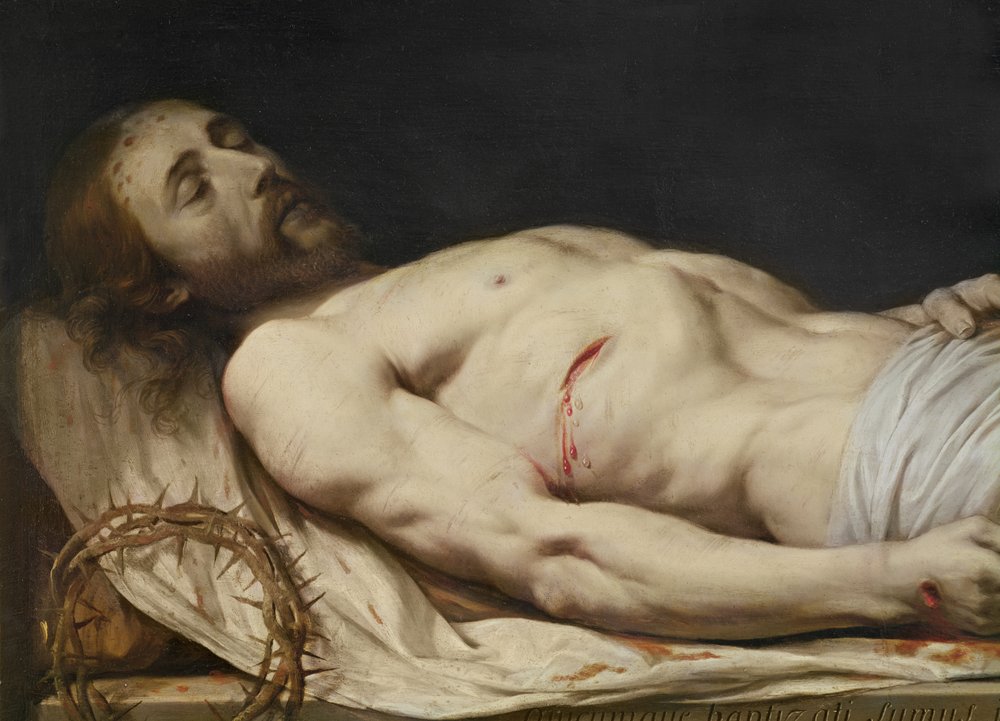 Den döde Kristus lagd på sitt svepkläde, detalj av kroppens mellersta till övre del, före 1654 av Philippe de Champaigne