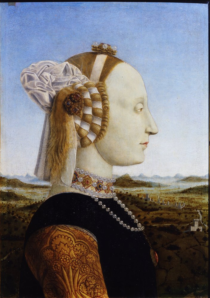 Porträtt av Battista Sforza ur pendangporträtten av Federico da Montefeltro och hans hustru, hertigen och hertiginnan av Urbino, 1472 av Piero della Francesca
