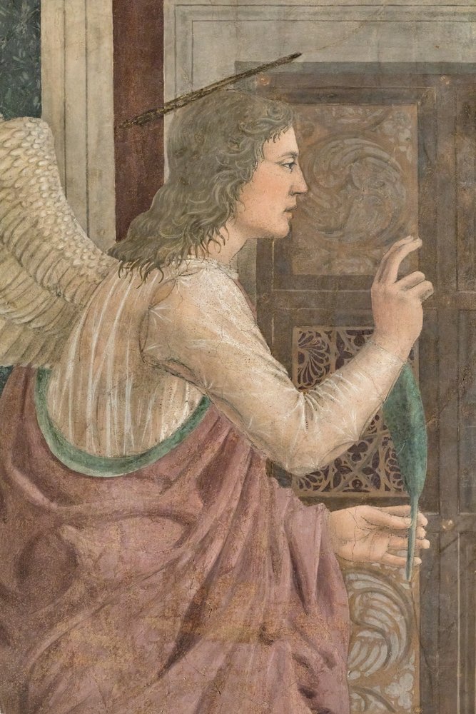 Bebådelsen, detalj av Berättelserna om det sanna korset (fresco) av Piero della Francesca