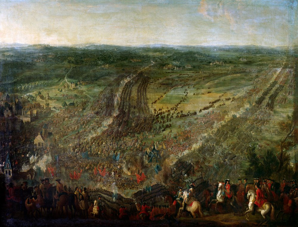 Augsburgs förbunds krig: "" Slaget vid Fleurus vunnet av marekalen i Luxemburg mot vapnen från en koalition av Förenade provinserna (Förenade provinserna), Imperialerna, Spanien och Storbritannien, den 1/07/1690"" Målning tillskrivas Pierre Denis av Pierre-Denis (attr.to) Martin