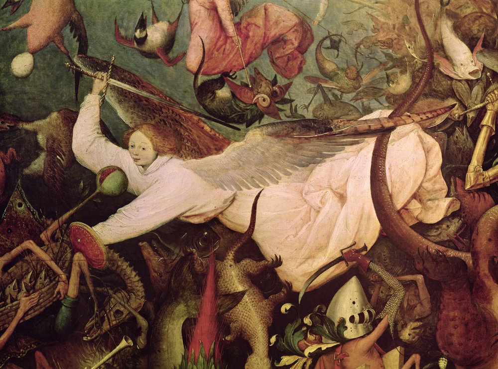 De upproriska änglarnas fall, detalj av ängeln på vänster sida, 1562 av Pieter Bruegel the Elder