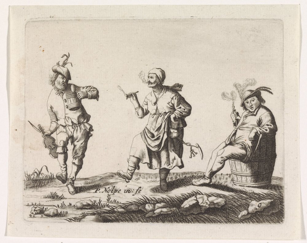 Dansande bonde och bondfru och en man på en tunna av Pieter Nolpe