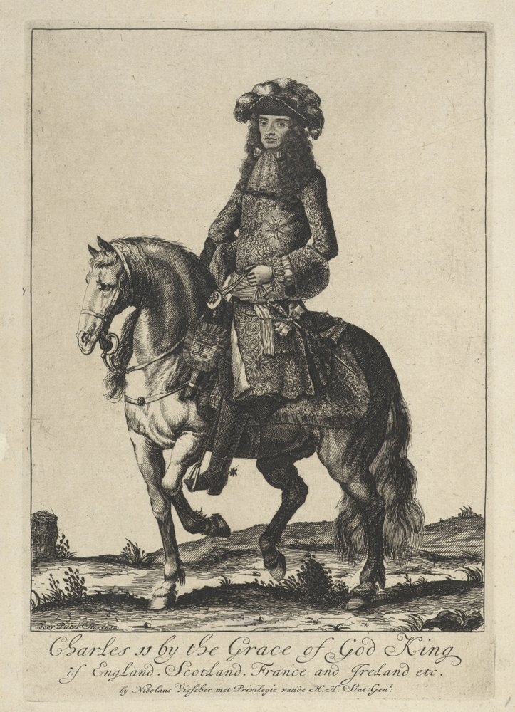 Ridsporträtt av kung Charles II av England av Pieter Stevens (vermeld in 1689)