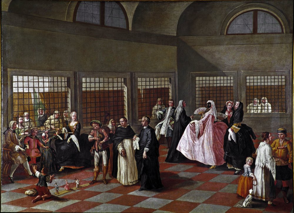 Klostrets salong. Målning från Pietro Longhis (1702-1785) krets, 1750, mått 96 x 131 cm, Ca