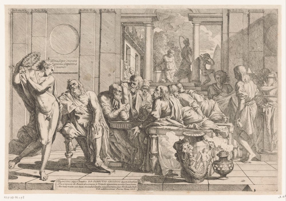 Alkibiades avbryter samtalet mellan Sokrates och hans vänner av Pietro Testa