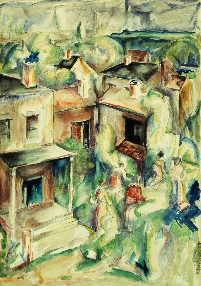 Village, c.1929 (akvarell och penna på papper nedlagda ombord) av William Preston Dickinson