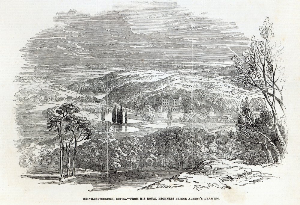 Reinhardtsbrunn, Gotha, graverad av W.J. Linton, från 