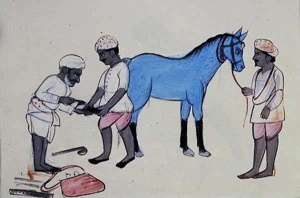 Horse Shoe Maker (Halband) c.1890 (akvarell på papper) av Punjabi School