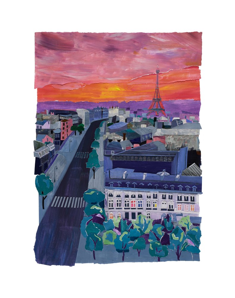 Paris i skymningen, 2021 (akryl och collage på papper) av Raina Goran