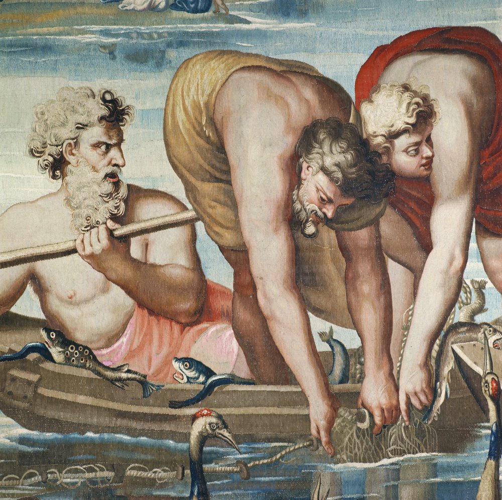 Gobeläng som skildrar Apostlarnas gärningar, Den mirakulösa fiskfångsten detalj av fiskarna som installerar sitt nät, vävd på Beauvais Workshop under ledning av Philippe Behagle 1641-1705 av Raffaello Sanzio Raphael