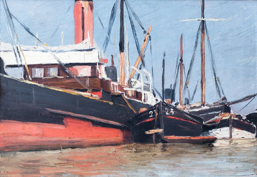 Båtar i en hamn (olja på trä) av Raymond Bonnefon