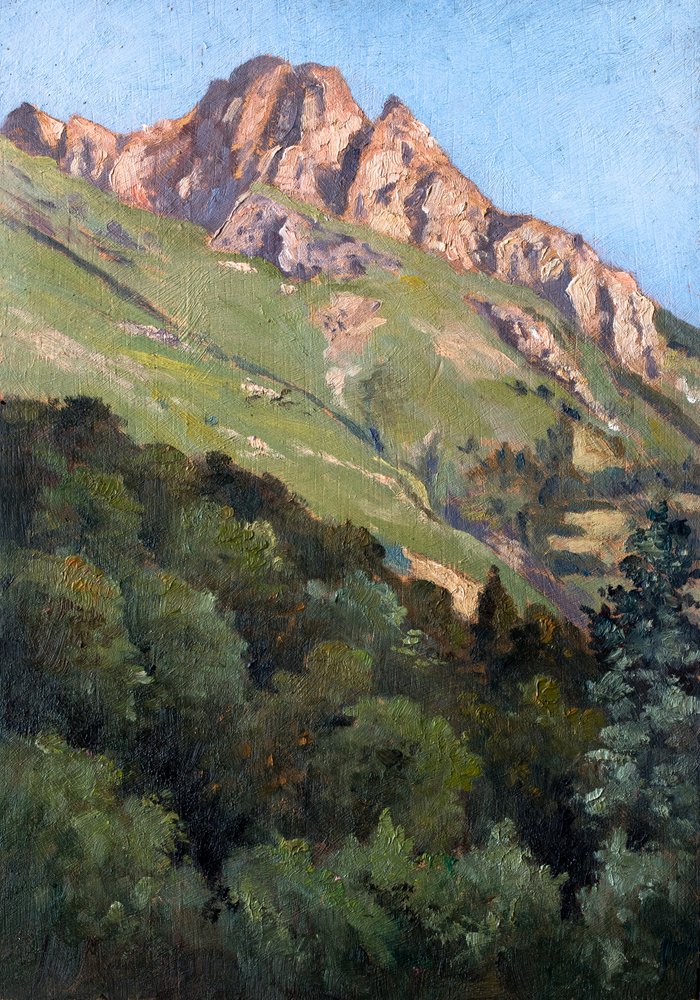 Landskap med berg (olja på trä) av Raymond Bonnefon