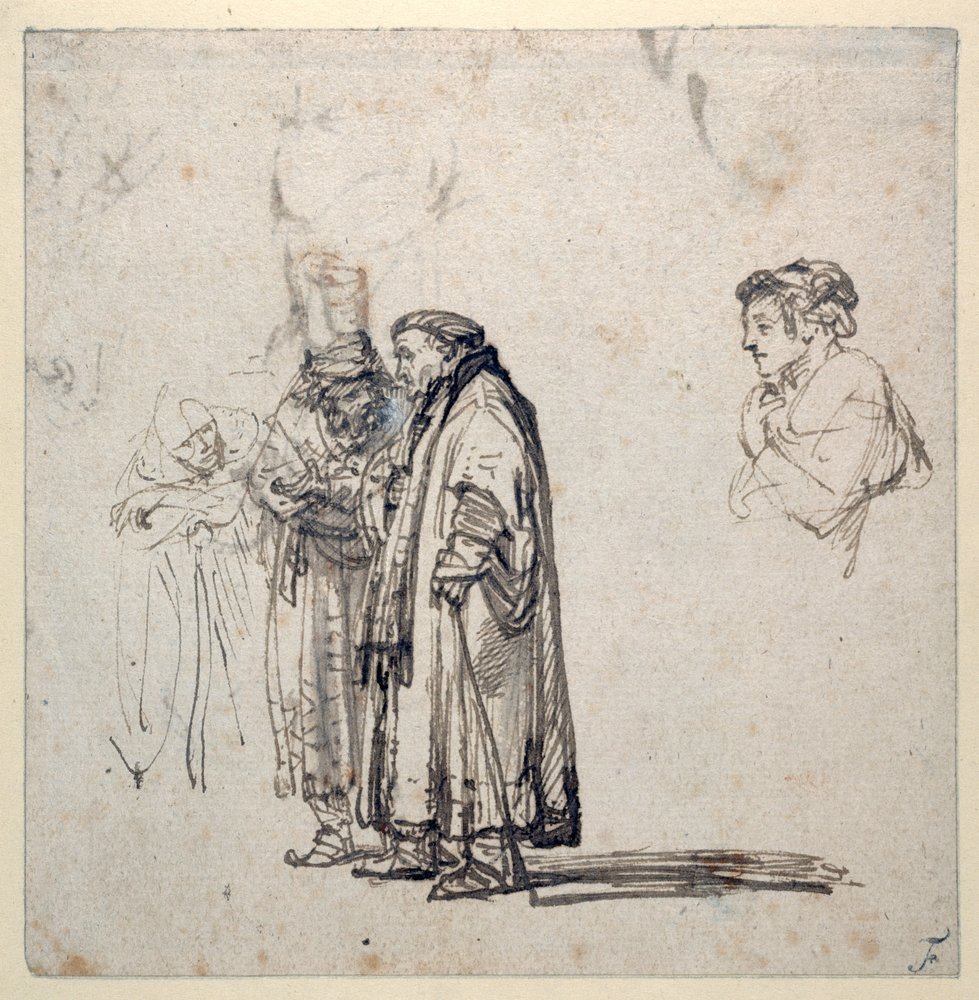 En grupp äldre forskare och, separat, en yngre mans profil (penna och bläck på papper) (recto of 2636120) av Rembrandt Harmensz. van Rijn