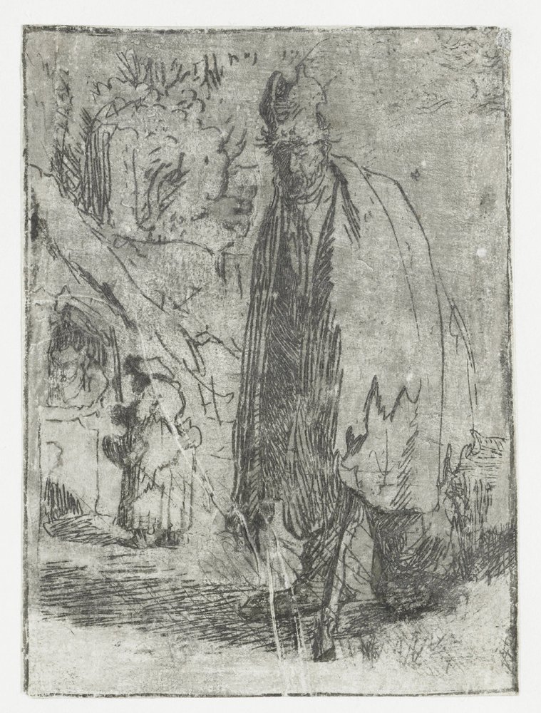 Tiggare med en stuga och två figurer i bakgrunden av Rembrandt van Rijn