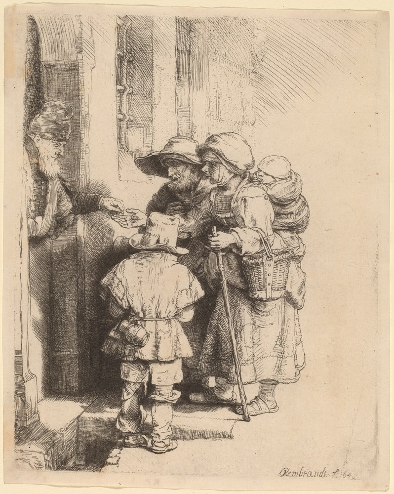Tiggare som tar emot allmosor vid dörren till ett hus av Rembrandt van Rijn