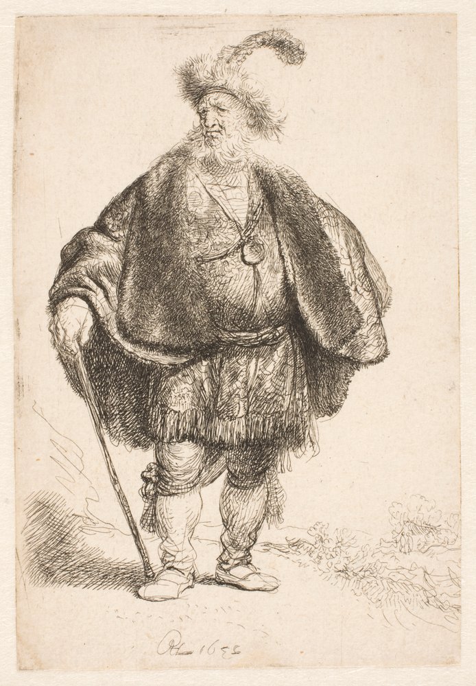 Man klädd i orientalisk dräkt och pälsmössa med fjädrar av Rembrandt van Rijn