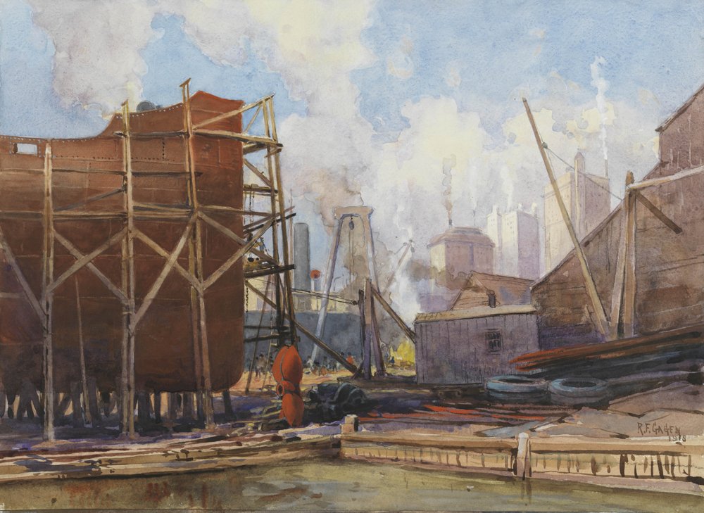 Toronto Shipbuilding, 1918 (wc på papper) av Robert Ford Gagen