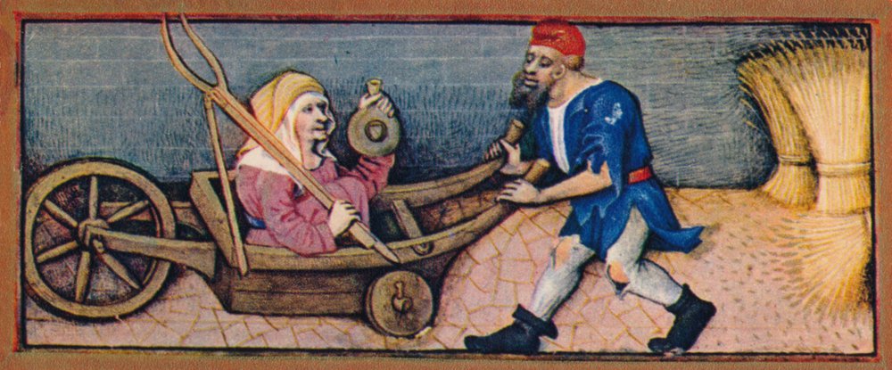 August - gammal kvinna i skottkärra, 1400-talet, 1939. av Robinet Testard