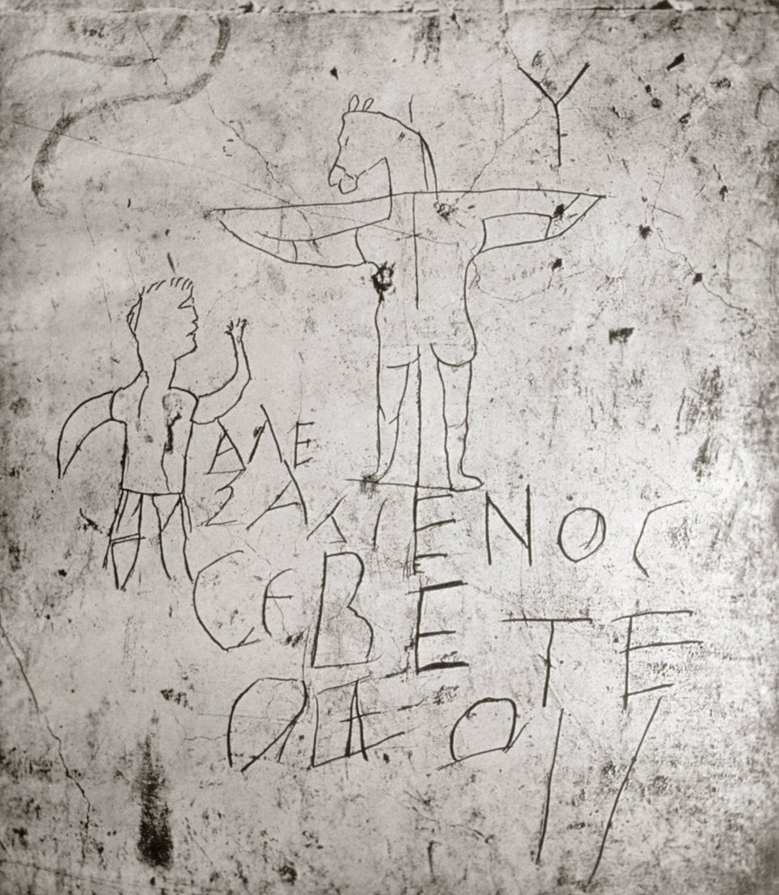 Hädisk graffiti av en korsfästelse av Roman